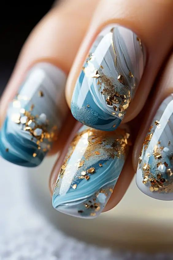 Marble Nail - Teal Swirl with Gold Flakes